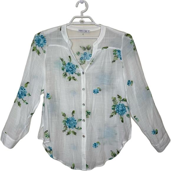 Fig & Flower White Sheer Gauze Button Up Blouse Floral Embroidery Boho Sz PL - Picture 1 of 8